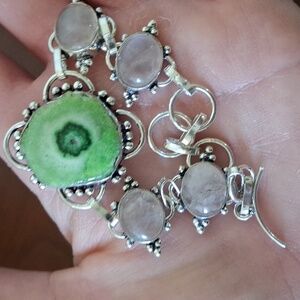 New Agate Geode Slice and Rose Quartz 925 Silver Bracelet.